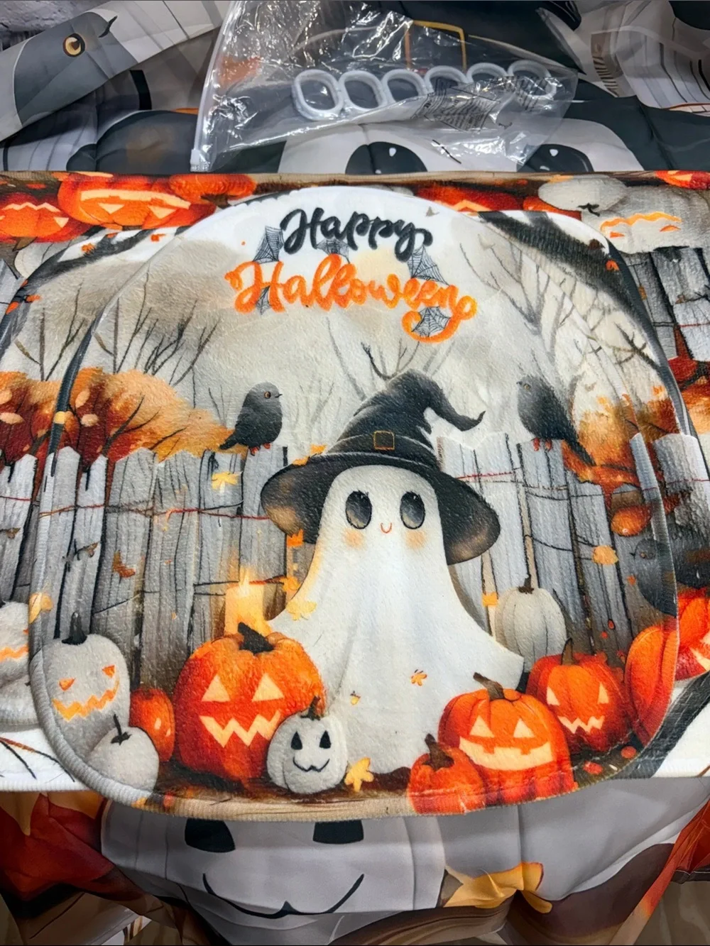 Halloween Ghost Bathroom Shower Curtain with rug & toilet cover.